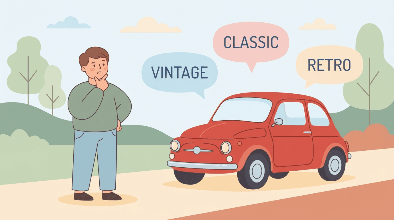 Illustration of a character describing a car with several floating descriptive words