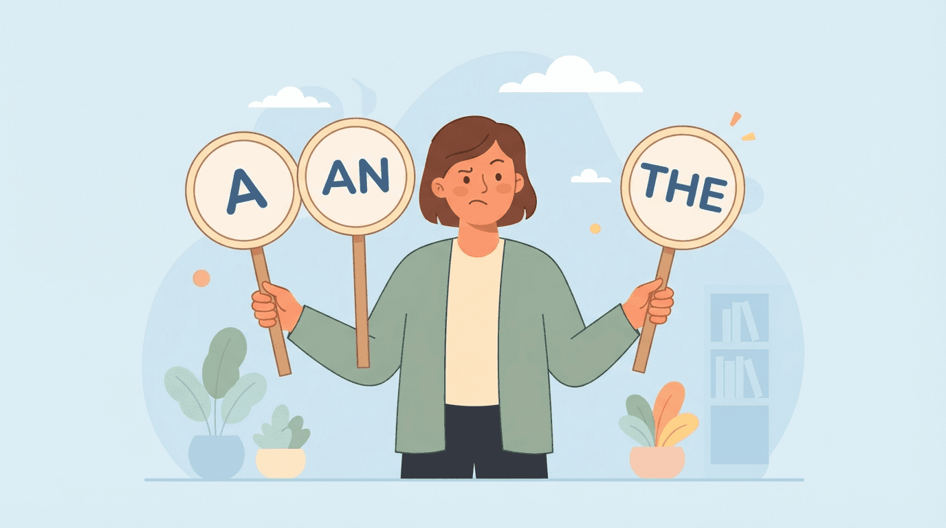 Illustration of a character holding up signs labeled A, AN, and THE
