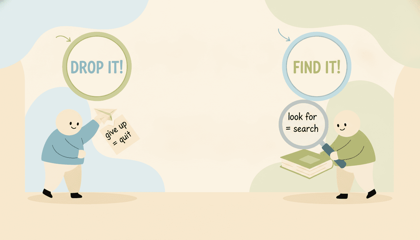 Illustration of common phrasal verbs give up and look for with their meanings
