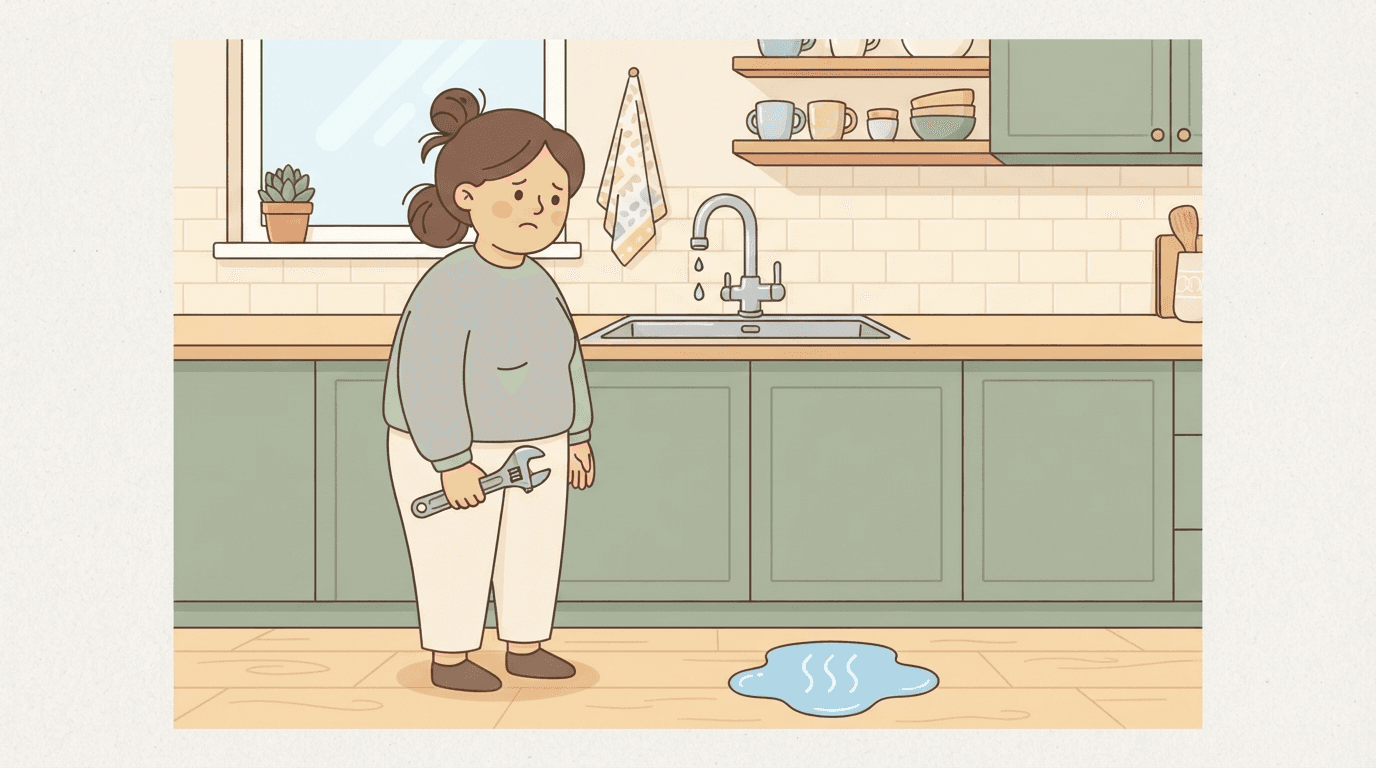 Illustration of a character noticing a leaking kitchen tap