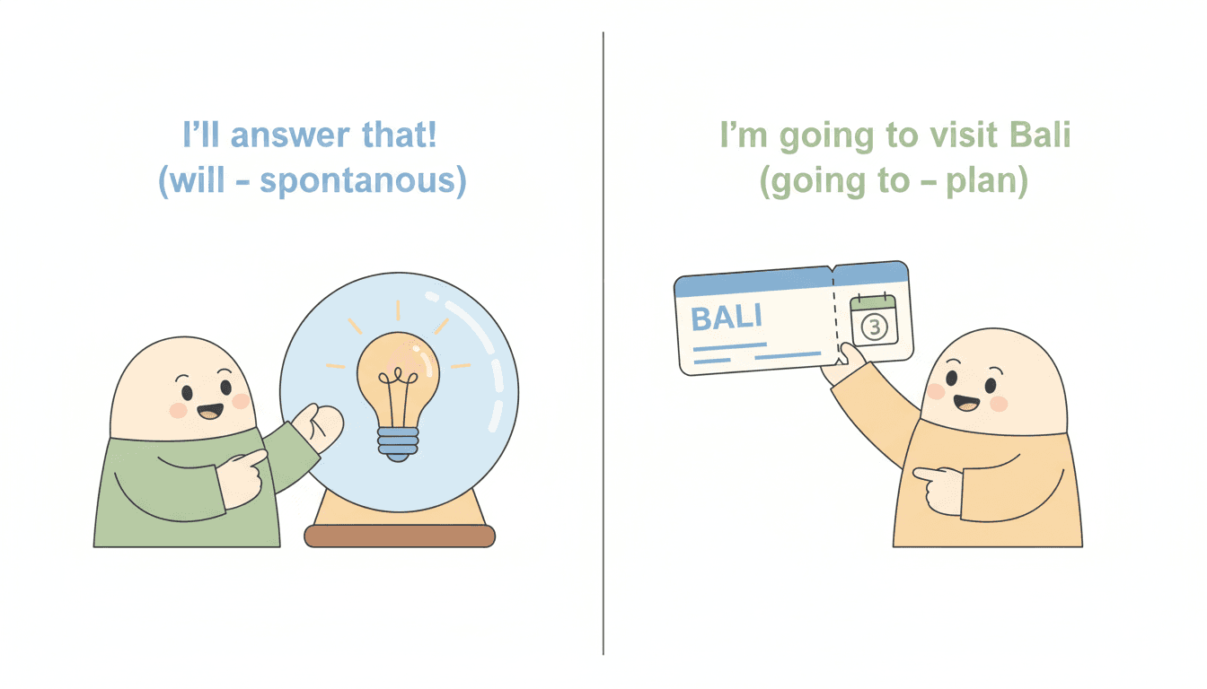 Illustration contrasting will for spontaneous decisions with going to for plans
