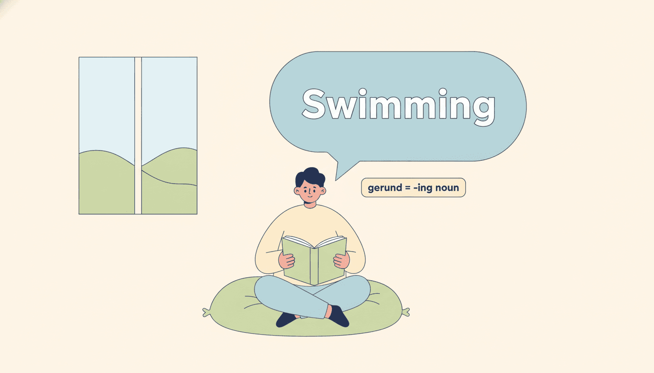 Illustration of a person reading with a speech bubble showing the word Swimming, labeled gerund equals -ing noun