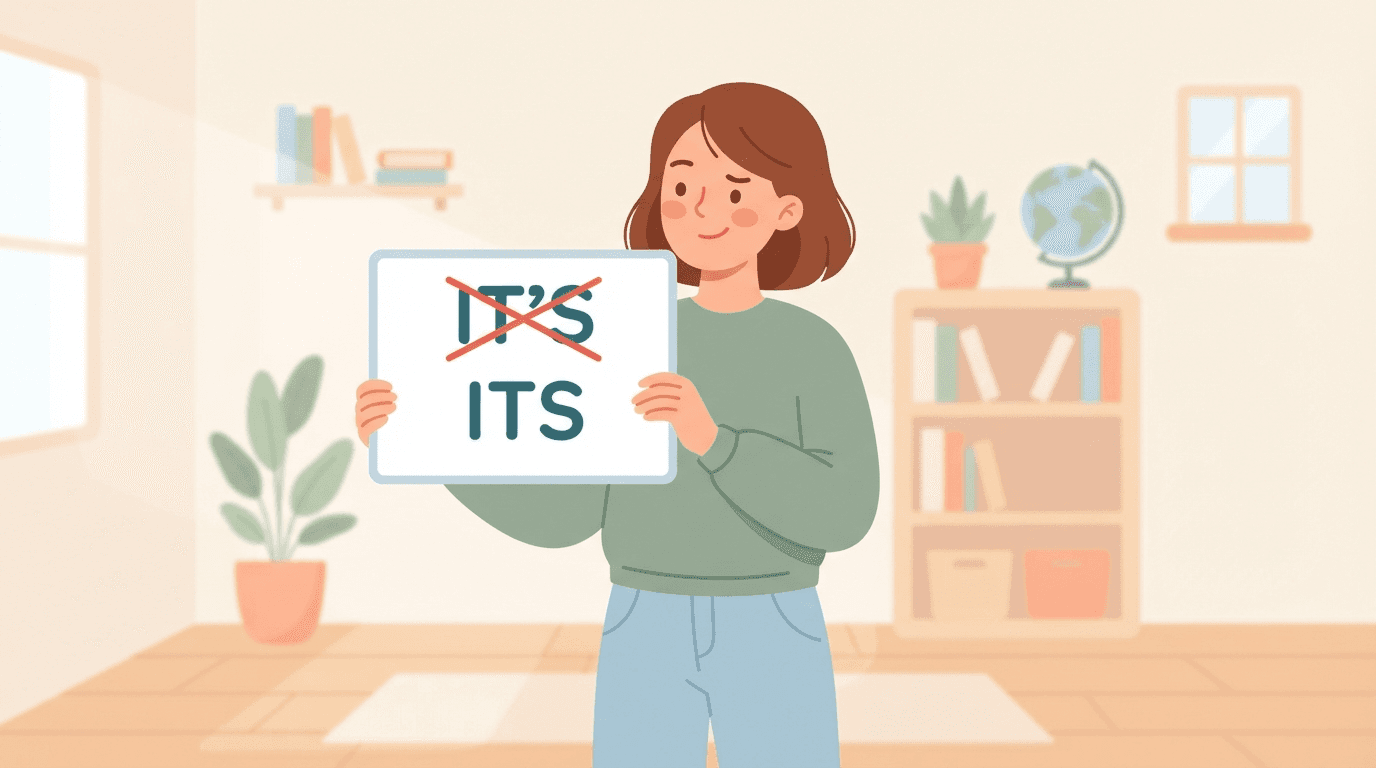 Illustration of a character holding a sign correcting its to it's
