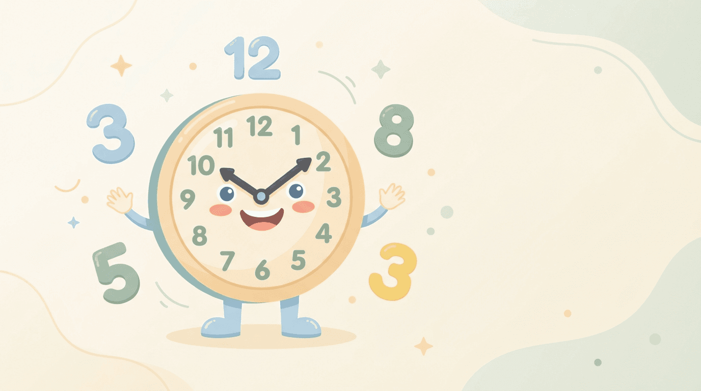 Illustration of a clock face surrounded by time phrases