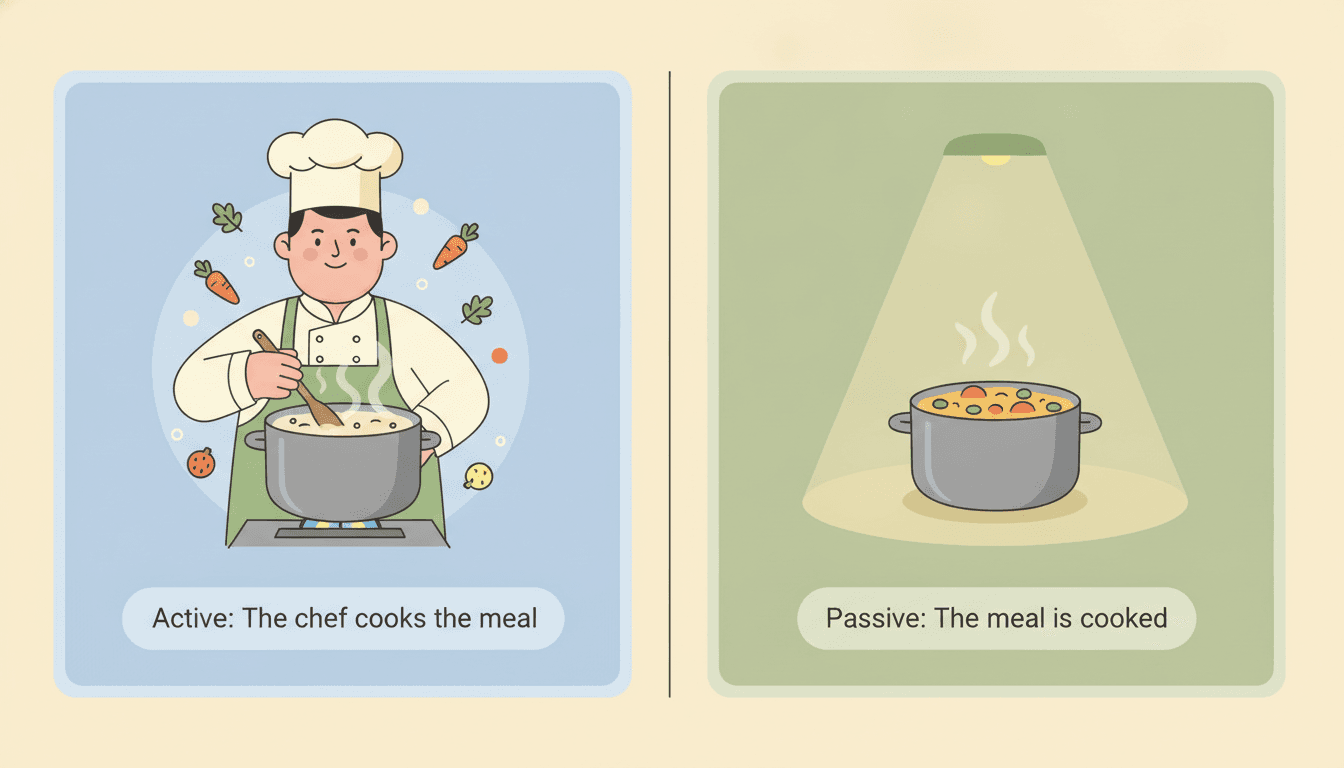 Illustration contrasting active and passive voice with a chef and a meal