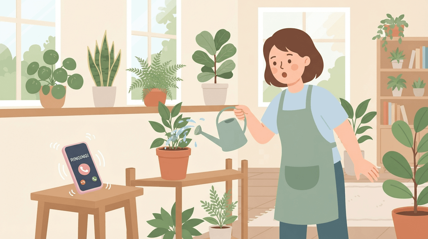 Illustration of a character watering plants when the phone rings, representing an interrupted past action