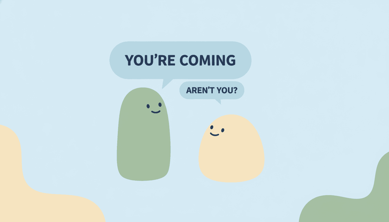 Illustration of two characters in conversation using a question tag