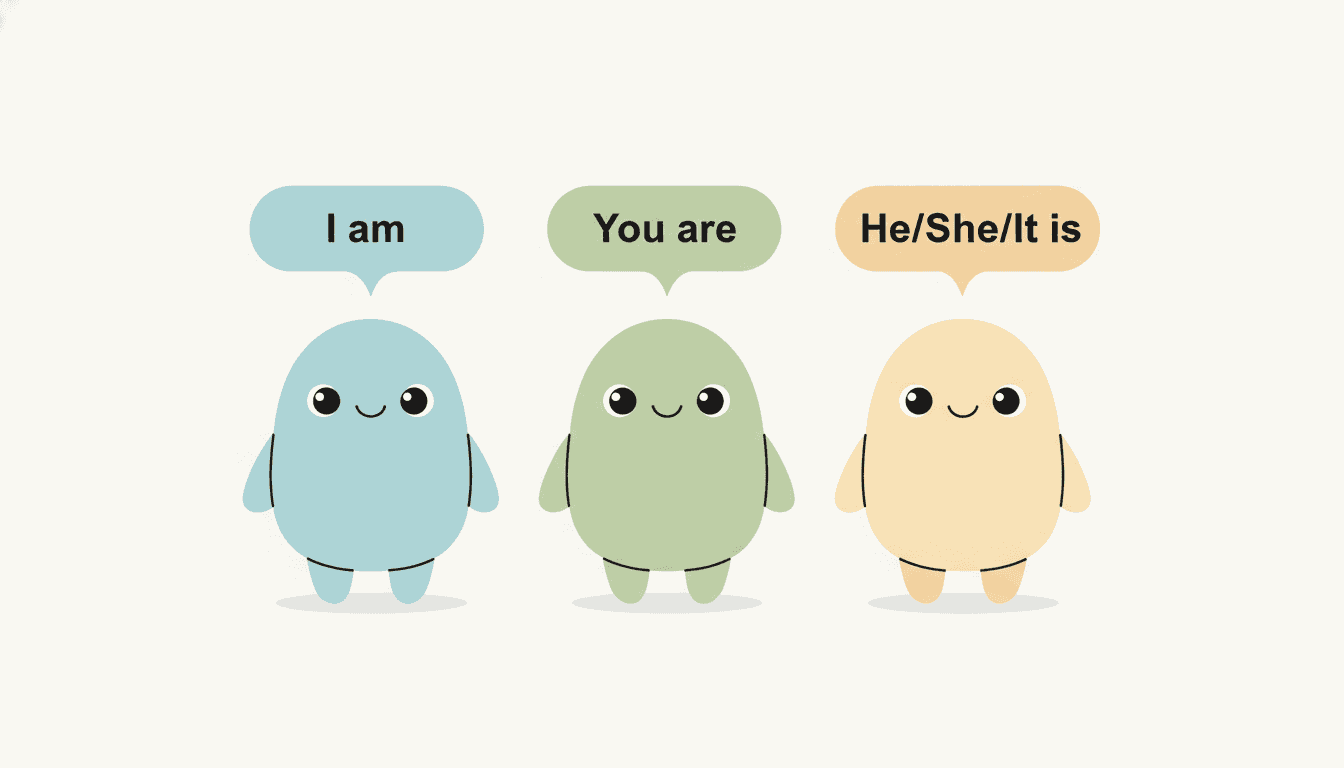 Illustration of characters holding speech bubbles for am, are, and is