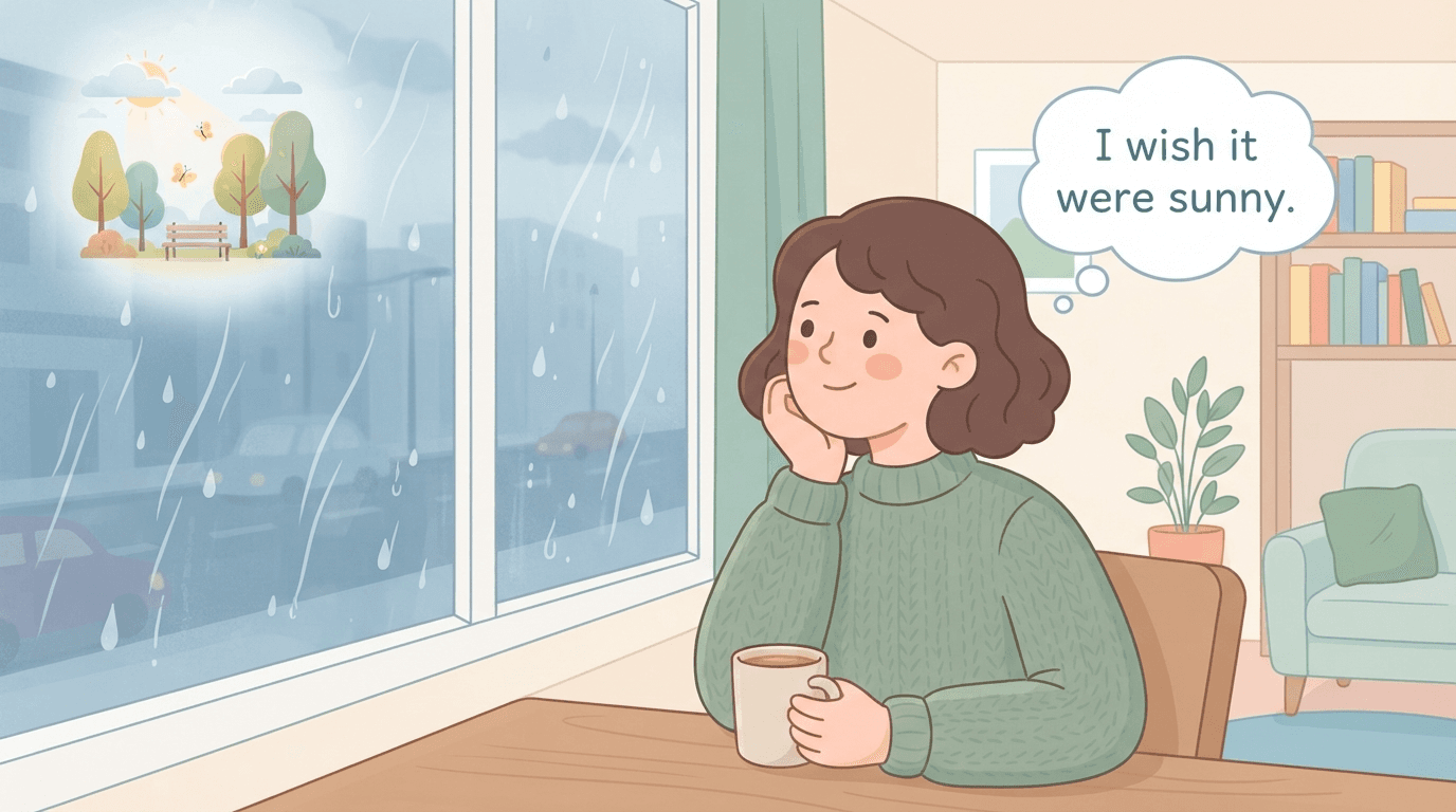 Illustration of a character wishing for sunny weather while looking out a rainy window