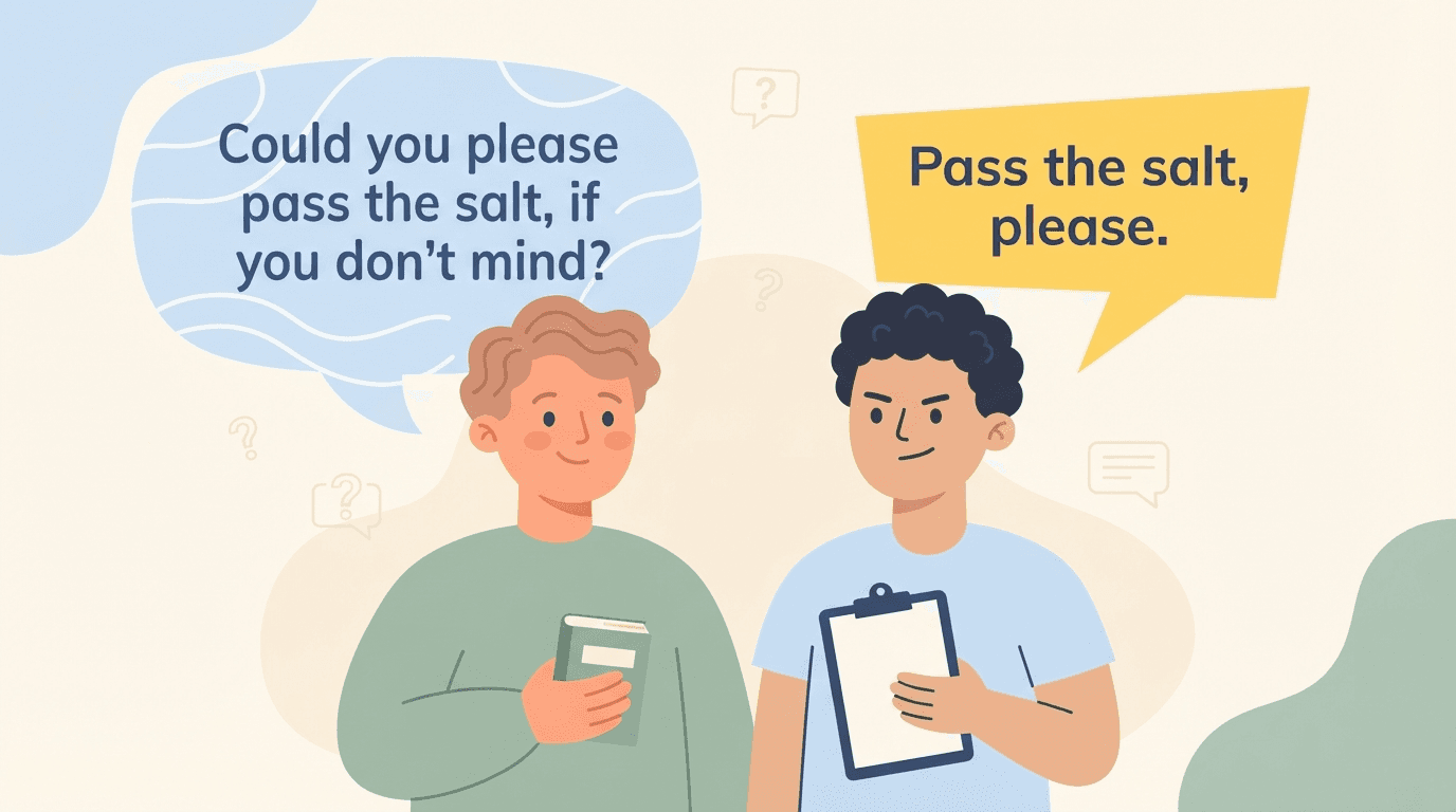 Illustration comparing a polite speech bubble with a direct, blunt one