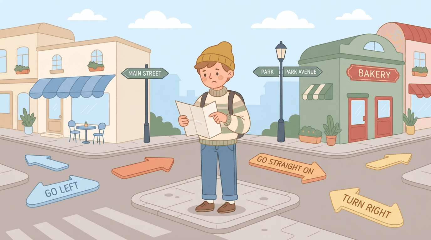 Illustration of a person looking at a map at a street corner with direction arrows