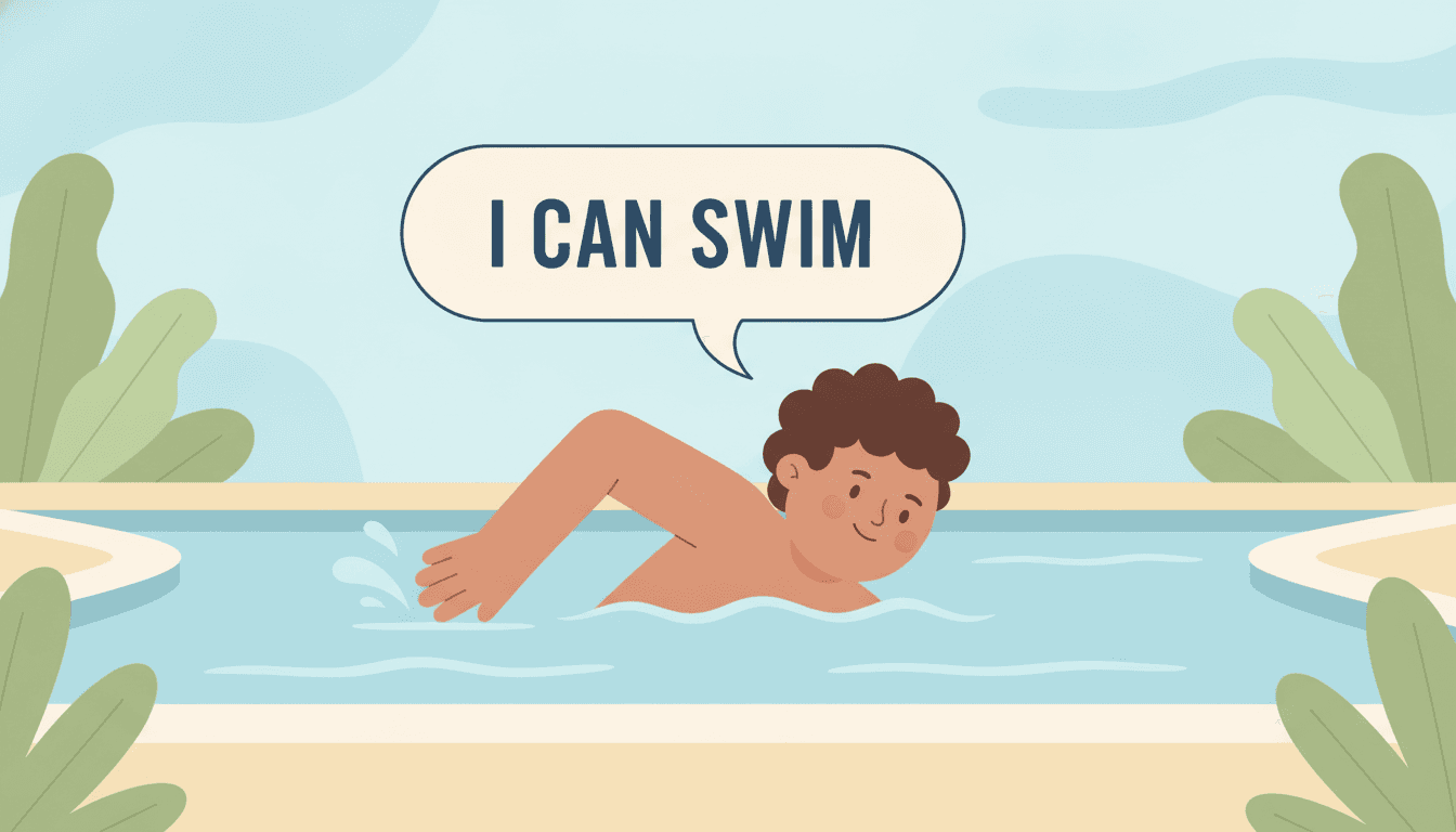 Illustration of a character swimming confidently, saying I can swim