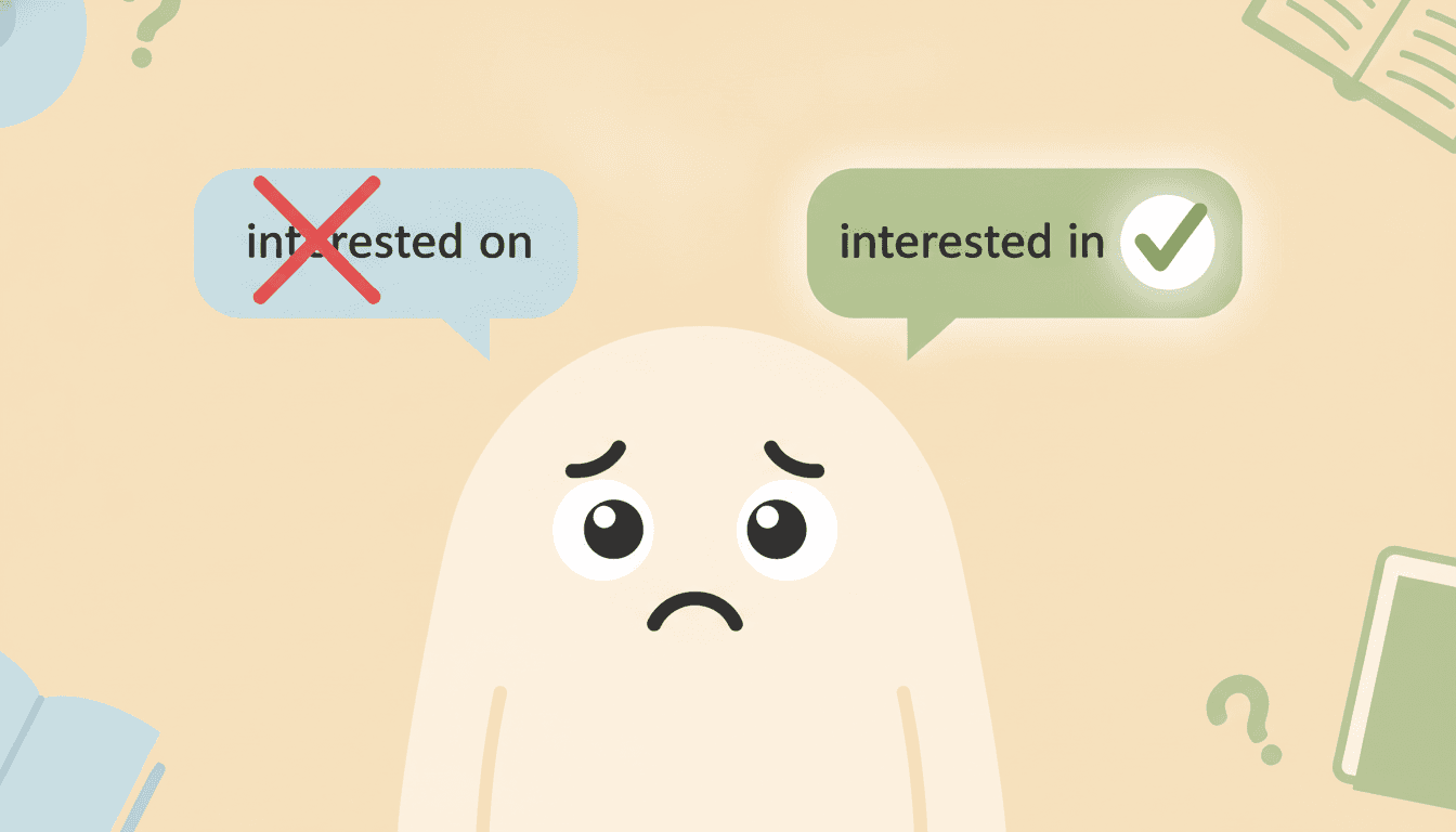 Illustration contrasting the incorrect interested on with the correct interested in