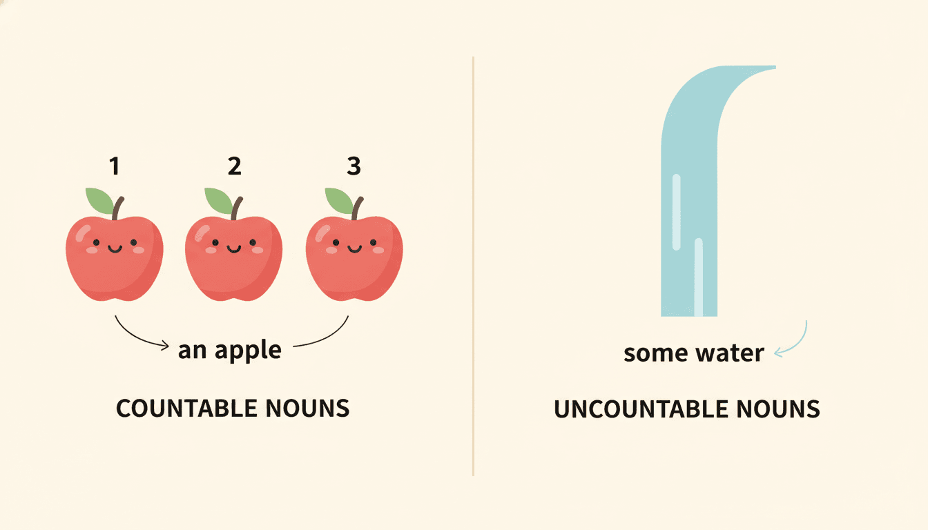 Illustration contrasting countable apples with uncountable water