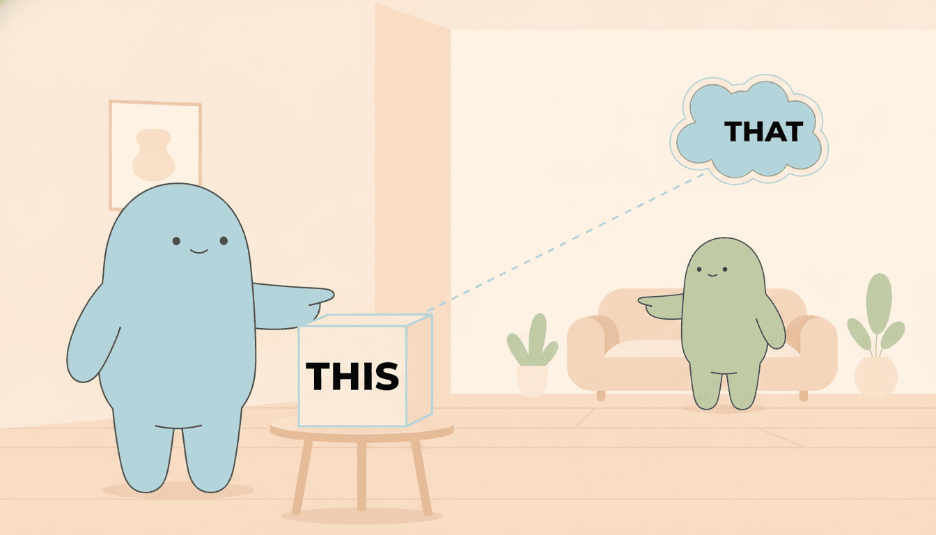 Illustration of a character pointing at a near object labeled this and a far object labeled that