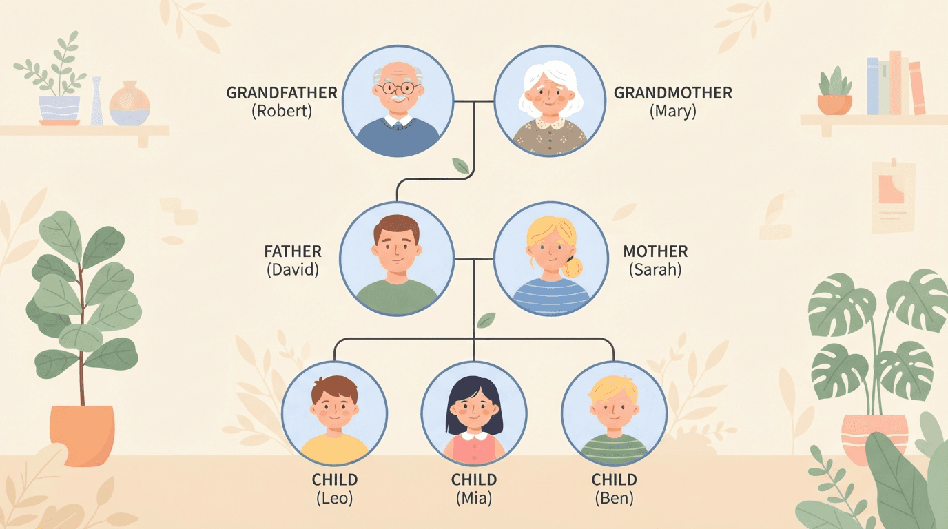 Illustration of a family tree with labeled family members