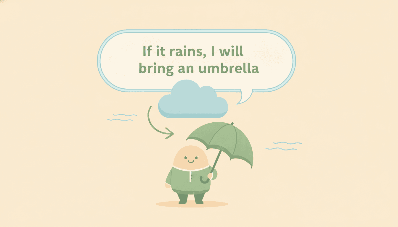 Illustration of the first conditional with rain and an umbrella