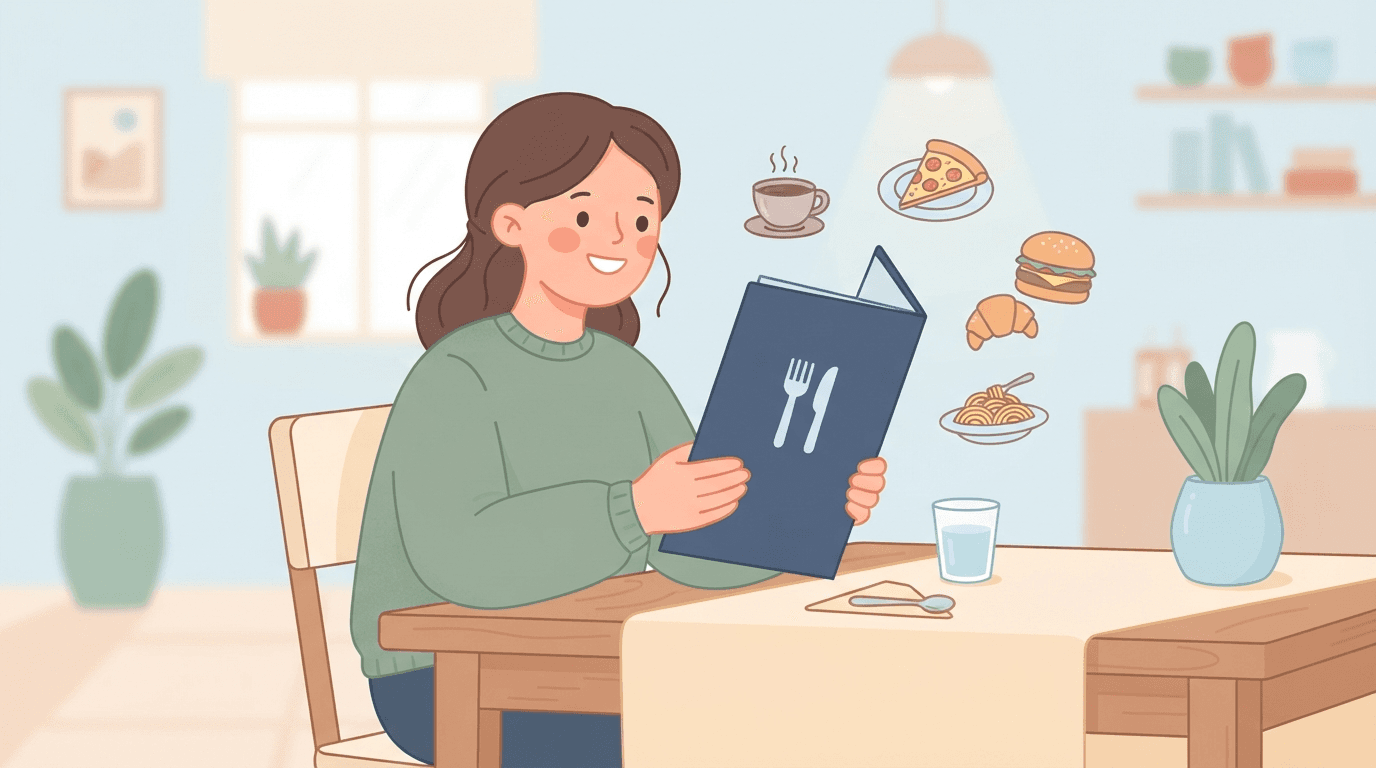 Illustration of a person looking at a restaurant menu surrounded by food icons