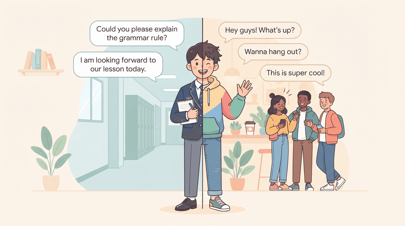 Illustration of a character split between formal and informal style