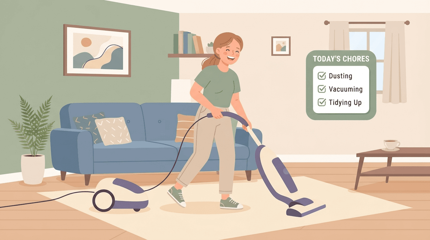 Illustration of a character vacuuming with a chores checklist icon