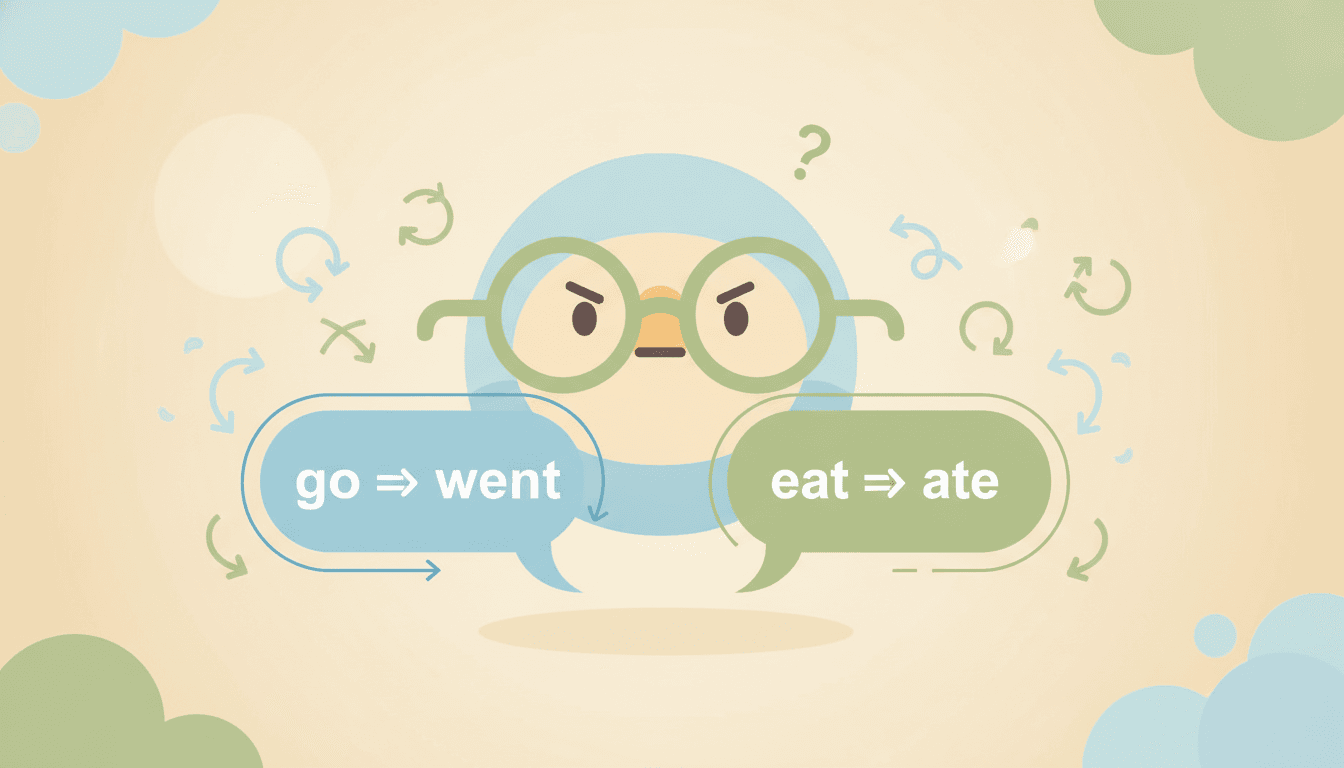 Illustration of irregular past tense verb changes like go to went and eat to ate