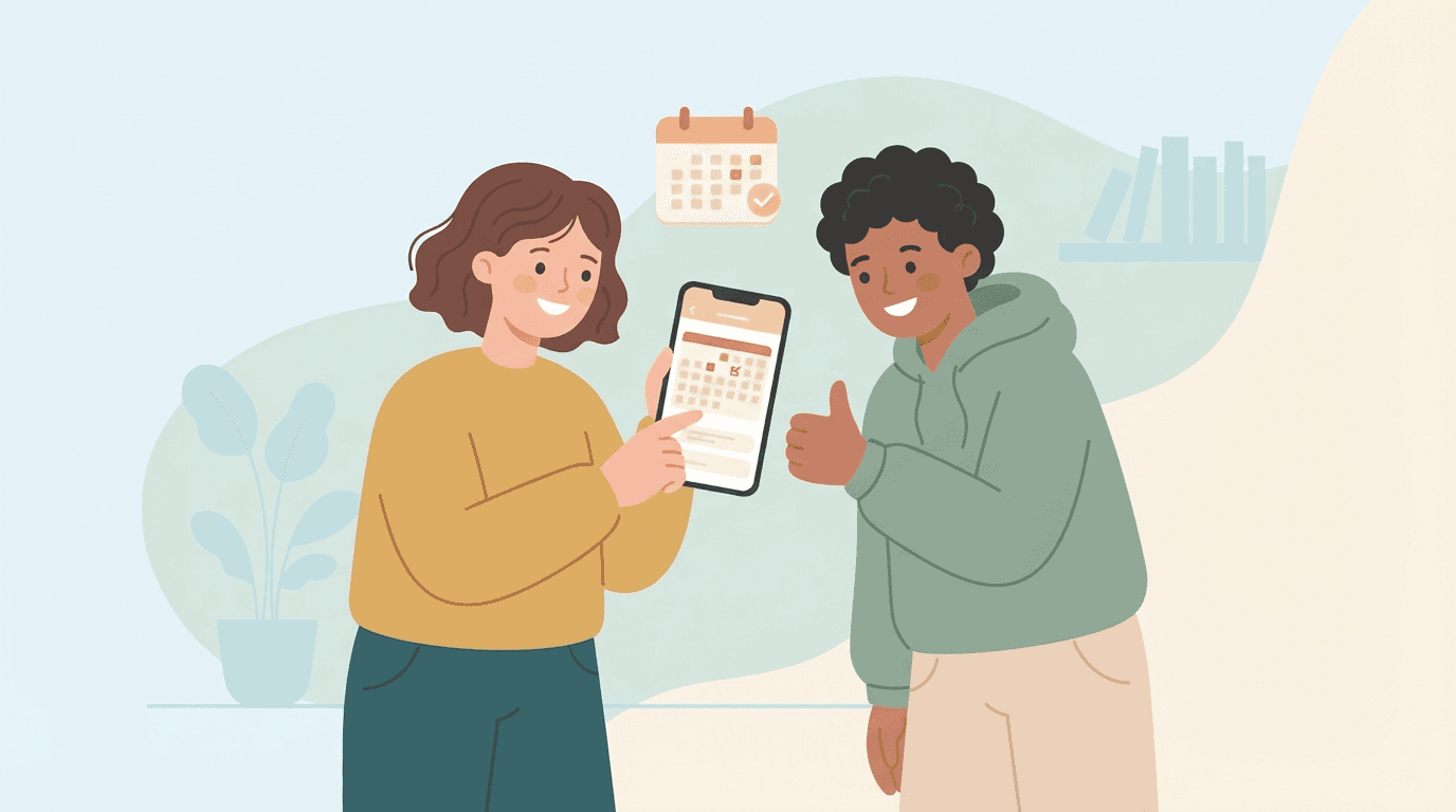 Illustration of two friends making plans on a phone