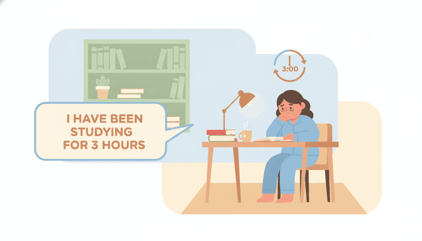 Illustration of a character studying for hours, representing the present perfect continuous