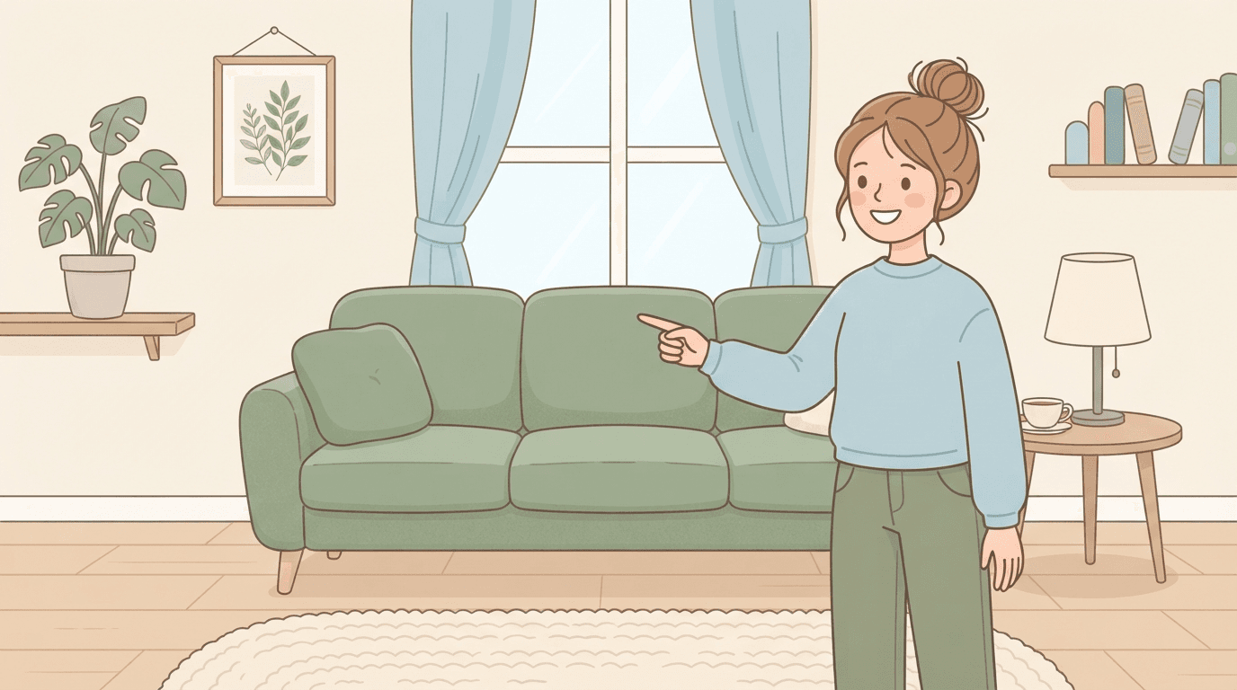 Illustration of a character in a living room pointing at furniture