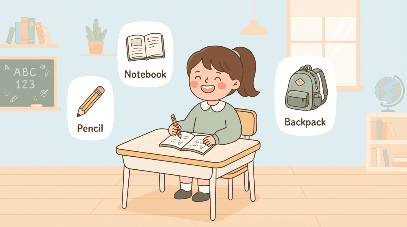 Illustration of a student at a desk surrounded by classroom object icons