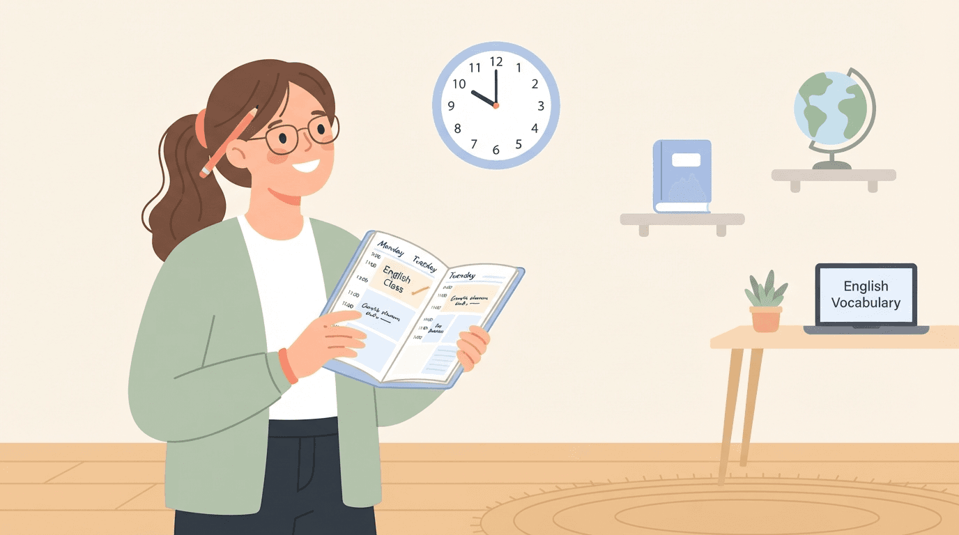 Illustration of a student checking a school timetable