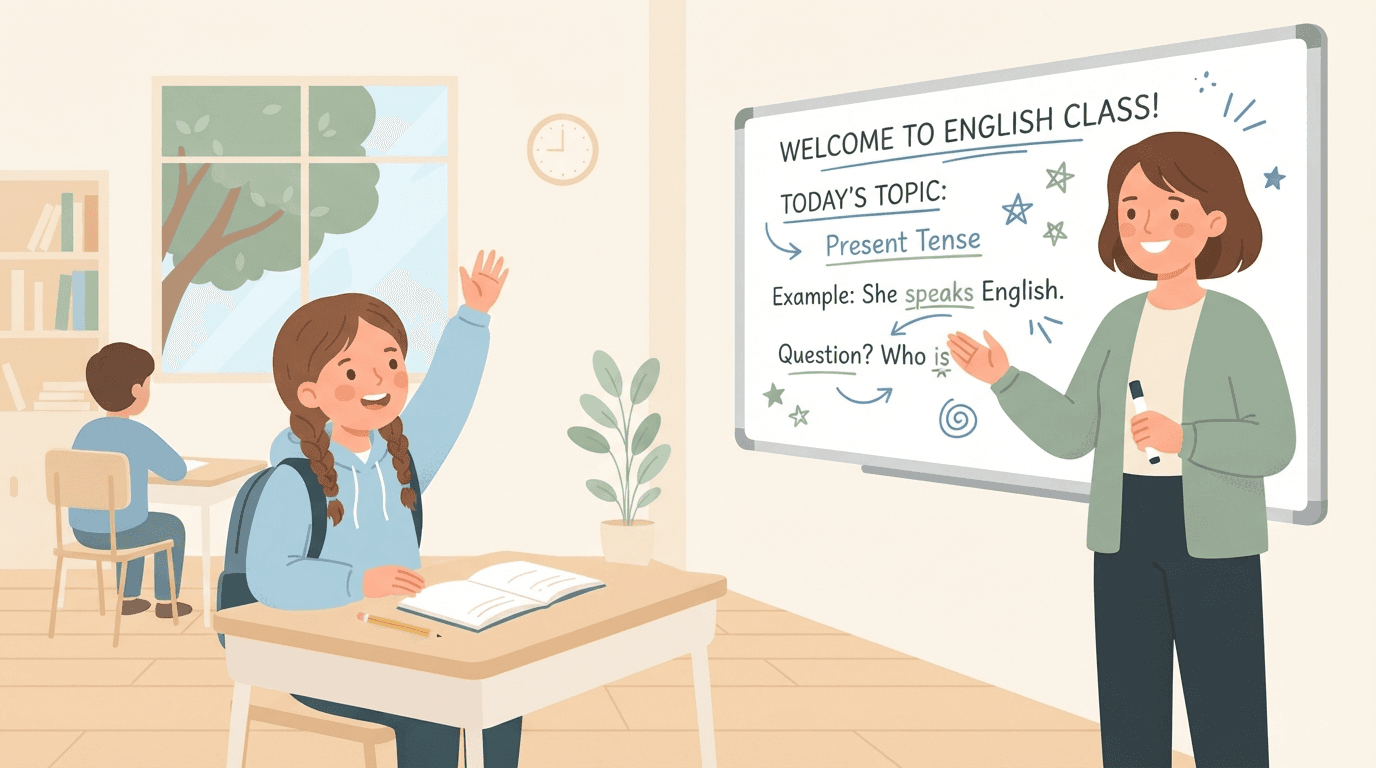 Illustration of a student raising a hand to talk to a teacher