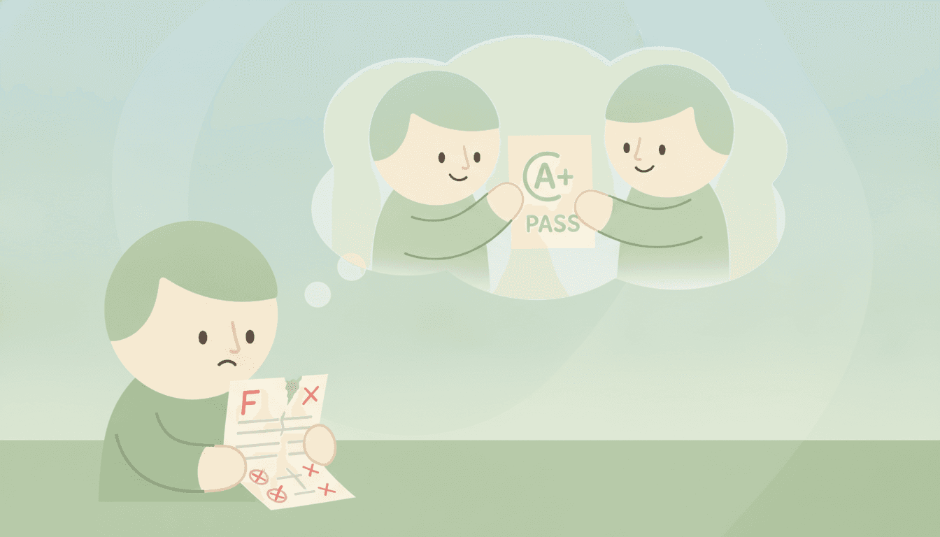 Illustration of a character imagining a different past exam result