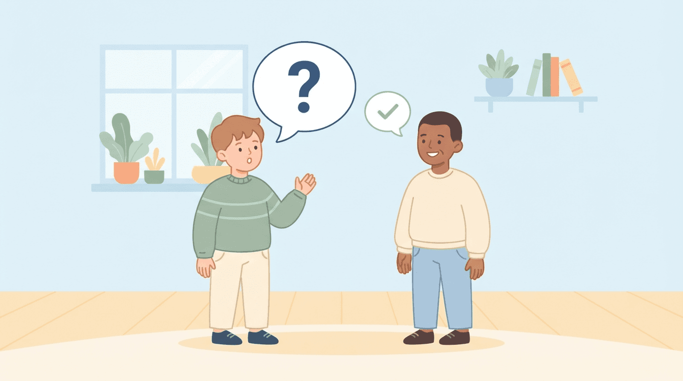 Illustration of a speech bubble asking a question and another replying with a short answer