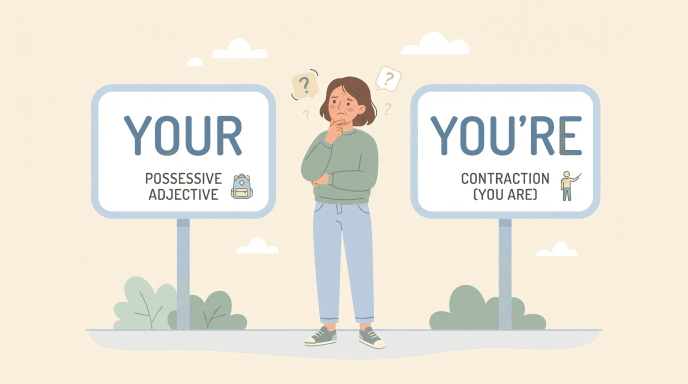 Illustration of a character comparing signs labeled YOUR and YOU'RE